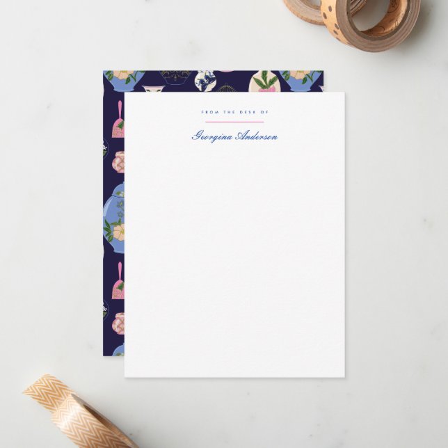 Rosa Blue Vintage Vas Personal Stationery Anteckningskort (Fram/Back In Situ)