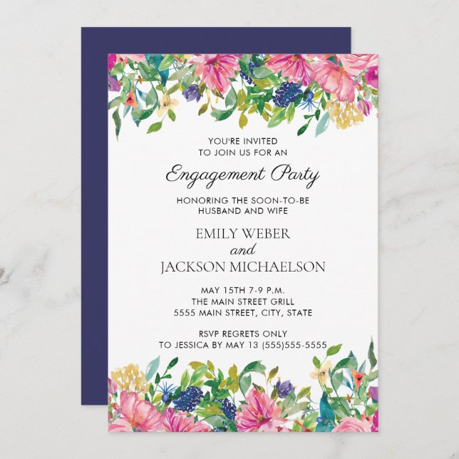 Rosa Blue Watercolor Blommigt Förlovning (Fram/baksida)