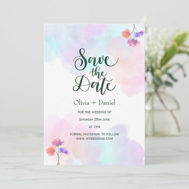 Rosa Blue Watercolor Bröllop spara datum Inbjudningar (Stående Fram)