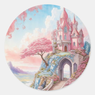 Rosa Blue Watercolor Fantasy Castle Runt Klistermärke
