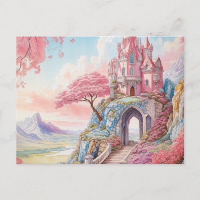 Rosa Blue Watercolor Fantasy Castle Vykort (Framsida)