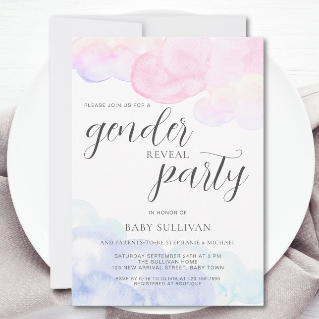Rosa Blue Watercolor Gender Reveal Party Inbjudningar (Skapare uppladdad)