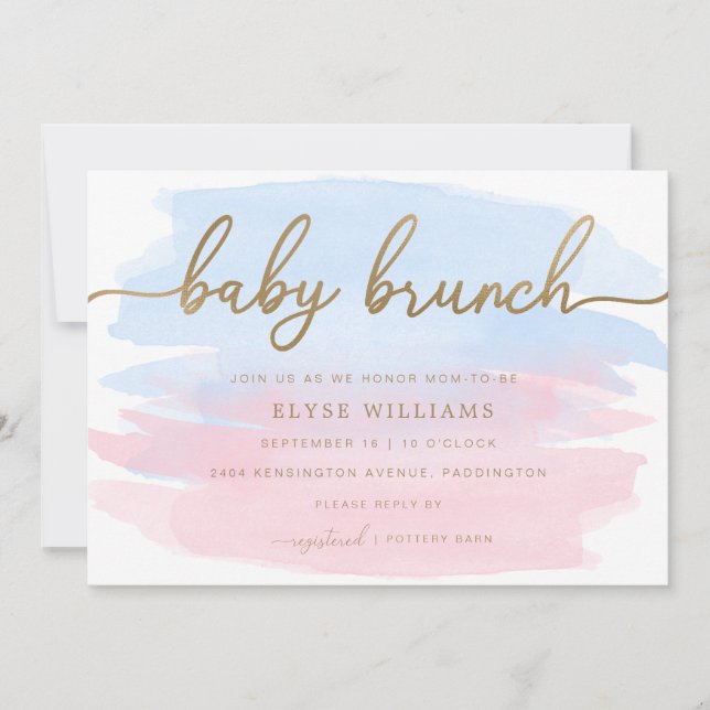 Rosa Blue Watercolor Guld Baby Brunch-inbjudan Inbjudningar (Framsida)