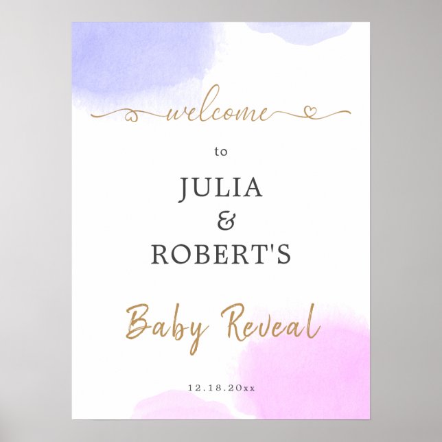 Rosa & Blue Watercolor Guld Script Gender Reveal Poster (Framsidan)