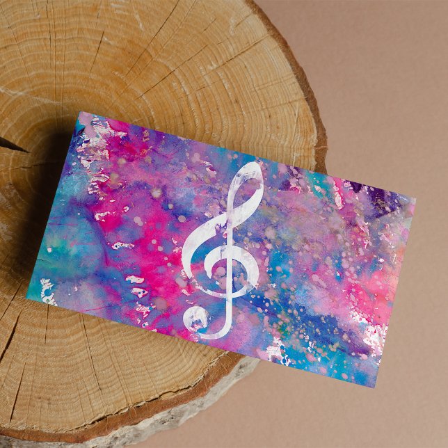 Rosa Blue Watercolor Paint Music Note Treble Clef Visitkort (Pink Blue Watercolor Paint Music Note Treble Clef )