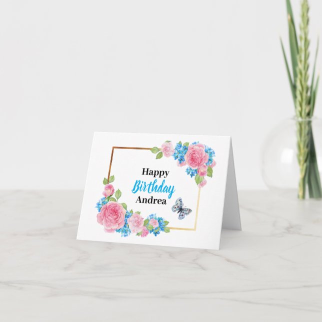 Rosa Blue Watercolor Ro Flowers Birthday Card Kort (Framsida)