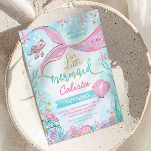 Rosa Blue Whimsical Vår lilla Sjöjungfru födelseda Inbjudningar