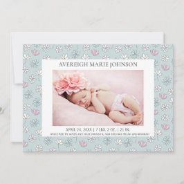 Rosa Blue White Blommigt Girl Photo Birth Meddelande