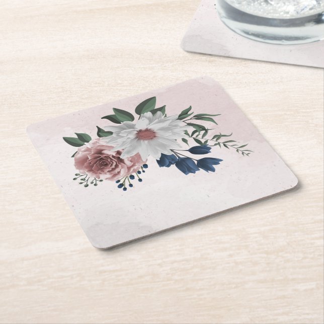 rosa blue white blommigt greenery bröllop underlägg papper kvadrat (Vinklad)