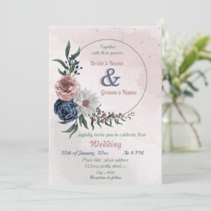 rosa blue & white blommigt greenery wand bröllop inbjudningar