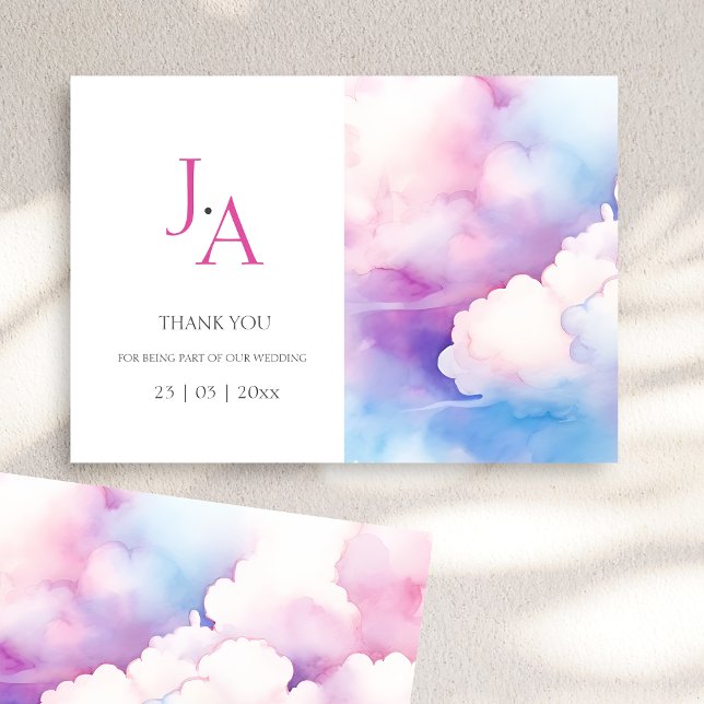 Rosa Blue White Clouds Monogram Bröllop Tack (Pink Blue White Clouds Monogram Wedding Thank You)