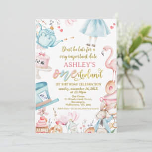 Rosa Blue WildblommAlice Onederland 1:a födelsedag Inbjudningar