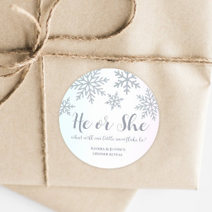 Rosa Blue Winter Snowflake Gender Reveal Runt Klistermärke