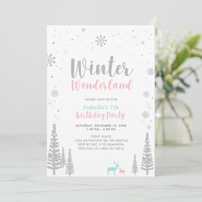 Rosa & Blue Winter Wonderland Barns födelsedag Inbjudningar (Stående Fram)