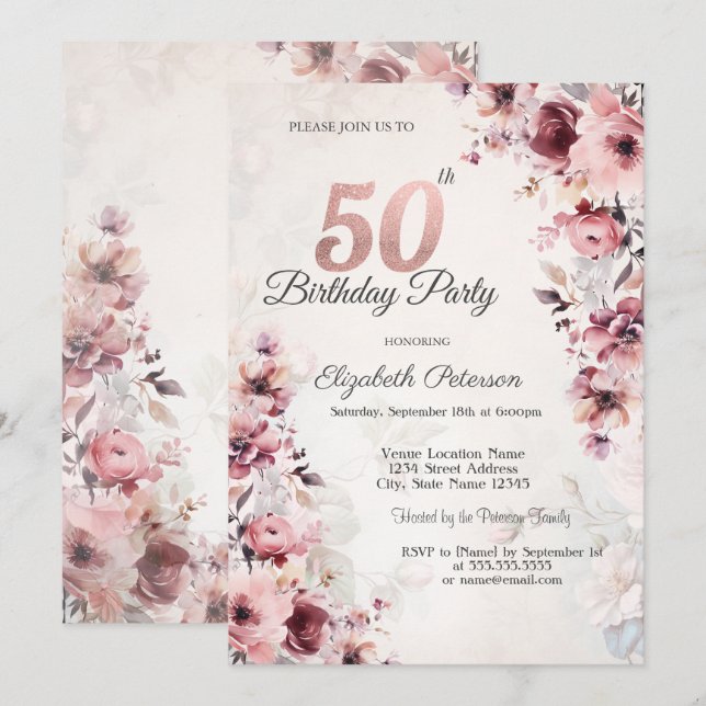 Rosa Blush 50-årsfirande  Inbjudningar (Fram/baksida)