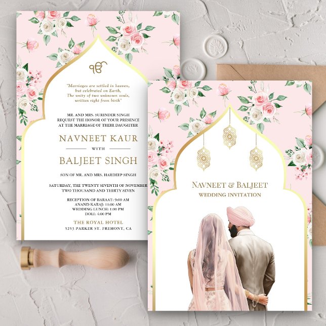 Rosa Blush Blommig Anand Karaj Sikh Bröllop Inbjudningar (Skapare uppladdad)
