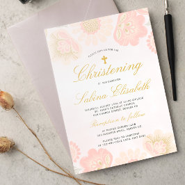 Rosa Blush Blommig Flicka Dop Guld Kors Inbjudningar