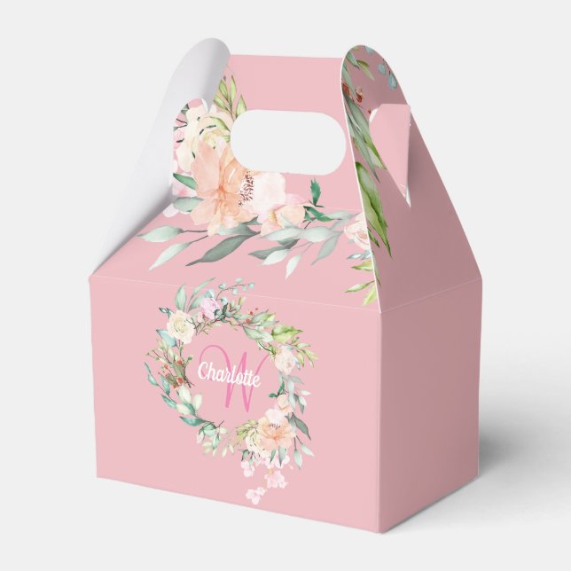 Rosa Blush Blommig Flickaktig Monogram Presentaskar (Framsidan Sidan)