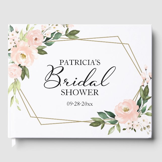 Rosa Blush Blommig Guld Geometrisk Bröllopsfest Gästböcker (Framsida)