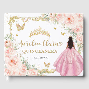 Rosa Blush Blommig Prinsessa Guld Quinceanera Mis Gästböcker