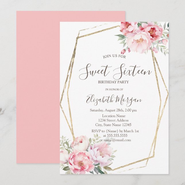 Rosa Blush Guldram Sweet 16 Inbjudningar (Fram/baksida)