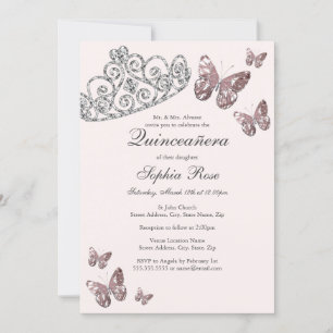 Rosa Blush Juvel Tiara Fjäril Quinceanera Inbjudningar