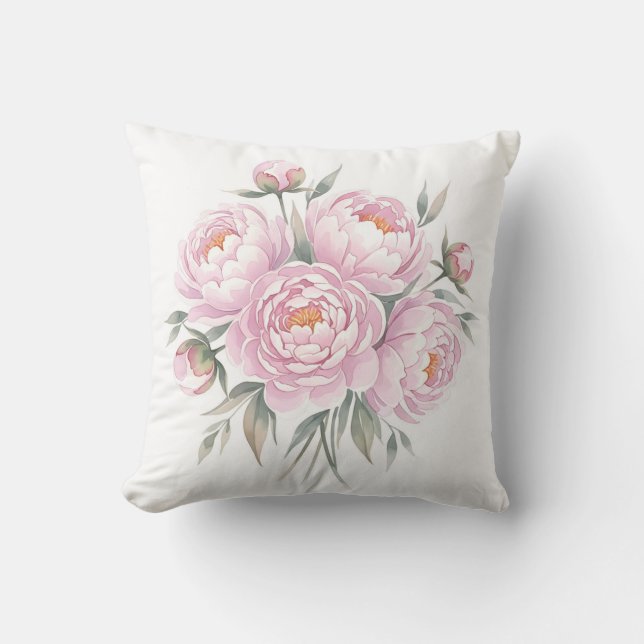 Rosa Blush Peonbukett Vattenfärg Blomma Kudde (Framsida)