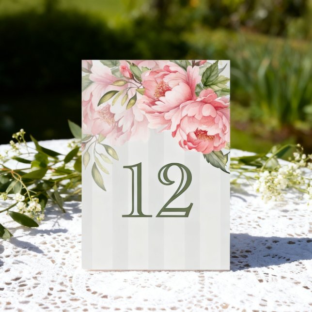 Rosa Blush-Peonybröllop | Elegant Sälggrönt Bordsnummer (Skapare uppladdad)