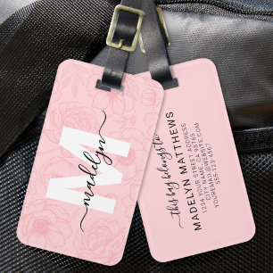 Rosa Blushblommor Monogram Namn Bagagebricka