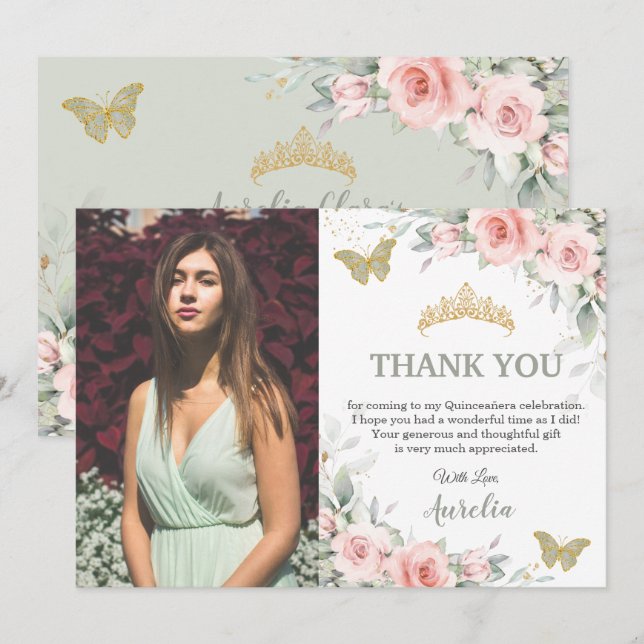 Rosa Blushing Blommig Salvia Grön Quinceañera Foto Tack Kort (Fram/baksida)