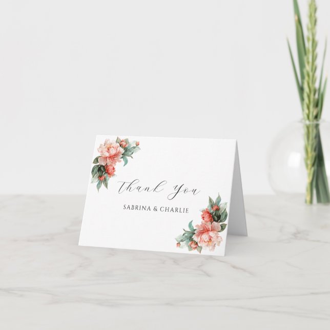Rosa Blushing Peony Korall Elegant Blomma Tack Kort (Framsida)