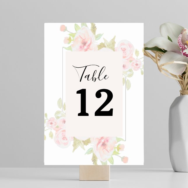 Rosa Blushros Floral Vattenfärg Grönska Bordsnummer (Blush Pink Rose Floral Watercolor Greenery Table Number)