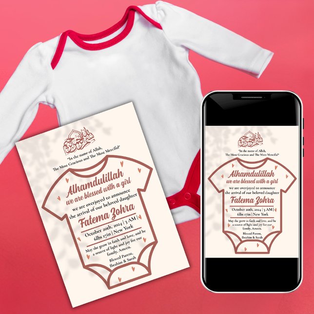 Rosa Bodydräkt Flicka Muslim Birth Notice Inbjudningar (Skapare uppladdad)