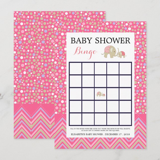 Rosa Bohemian Elephant & Chevron Baby Shower Bingo Inbjudningar (Fram/baksida)