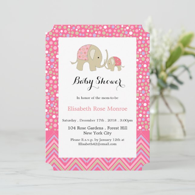 Rosa Bohemian Elephant och Chevron Baby Shower Inbjudningar (Stående Fram)
