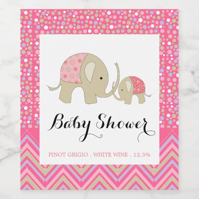 Rosa Bohemian Elephant och Chevron Baby Shower Vinflaska Etikett (Singel etikett)