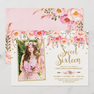 Rosa Bohemian Flowers Sweet 16 Birthday Inbjudningar
