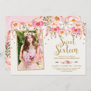  Rosa Bohemiska blommor Söta 16 födelsedagar Inbjudningar