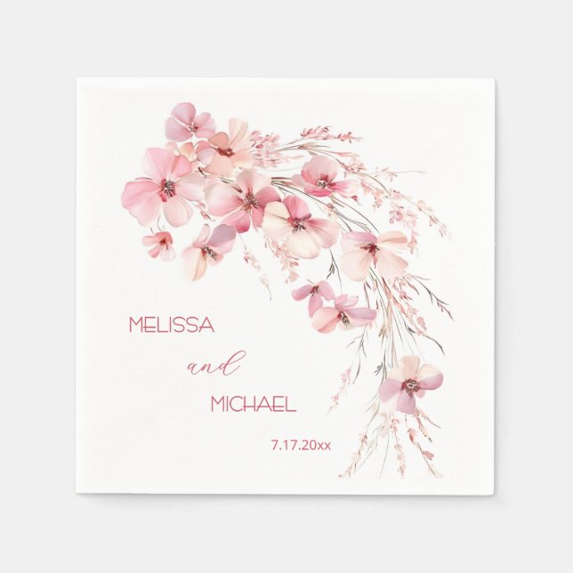 Rosa Boho Akvarell Blommor Dina Namn Bröllop Pappersservett (Framsidan)