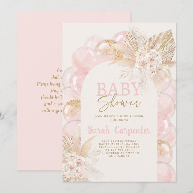 Rosa Boho Arch Baby Shower Girl-inbjudan Inbjudningar (Fram/baksida)