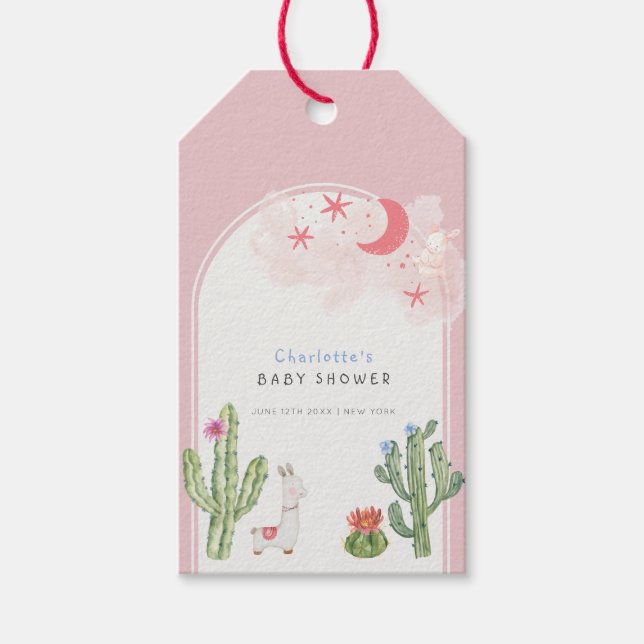 Rosa Boho Arch Cactus Leksak Girl Baby Shower Presentetikett (Framsidan)