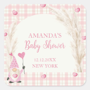 Rosa Boho Arch Gingham Baby Shower Fyrkantigt Klistermärke