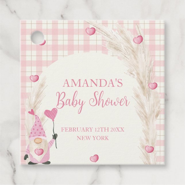 Rosa Boho Arch Gingham Baby Shower Gåvor Etiketter (Framsida)