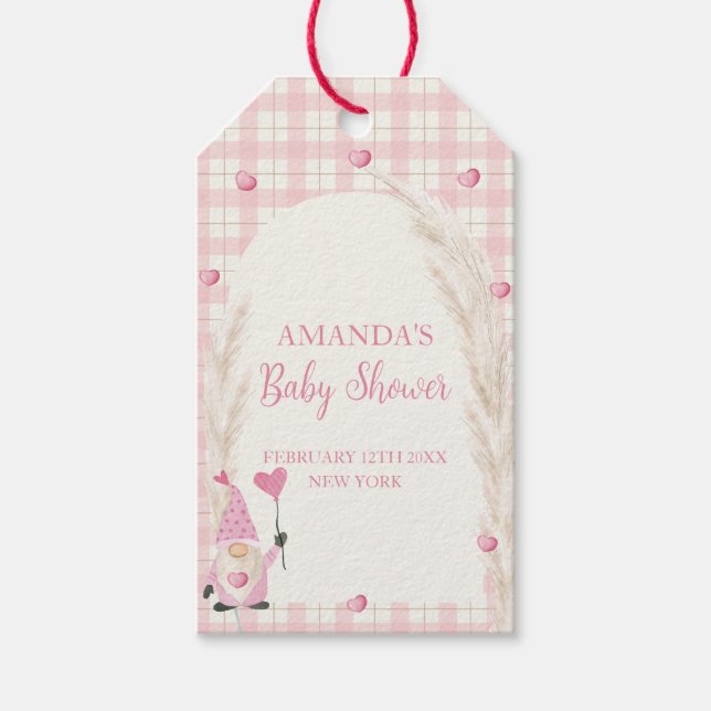 Rosa Boho Arch Gingham Baby Shower Presentetikett (Framsidan)