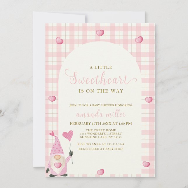 Rosa Boho Arch Gingham Heart Gnome Baby Shower Inbjudningar (Framsida)