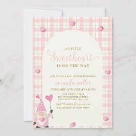 Rosa Boho Arch Gingham Heart Gnome Baby Shower Inbjudningar