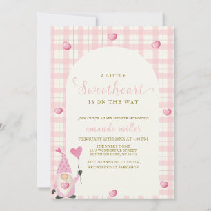 Rosa Boho Arch Gingham Heart Gnome Baby Shower Inbjudningar