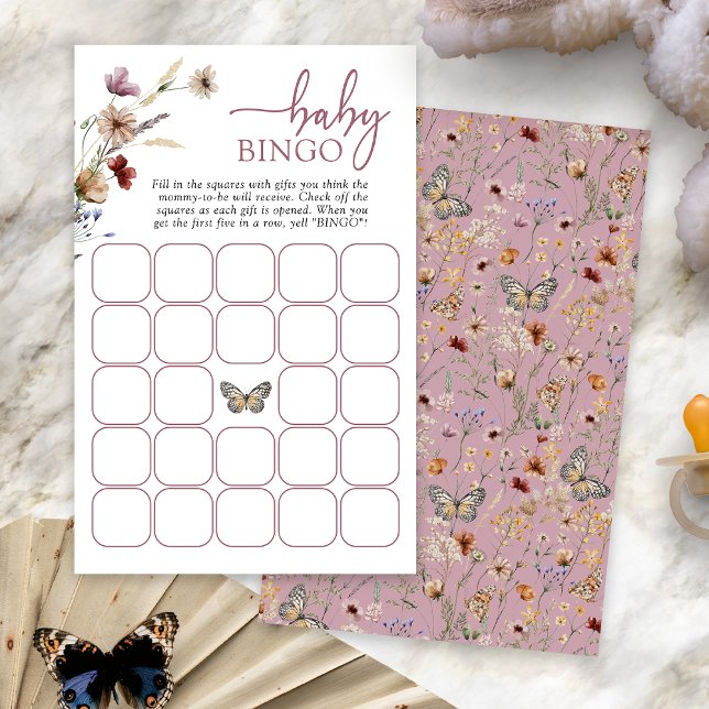 Rosa Boho Baby Bingo-spel (Dusty Pink Boho Baby Bingo Game Card with Butterfly by Painted Paperie
)
