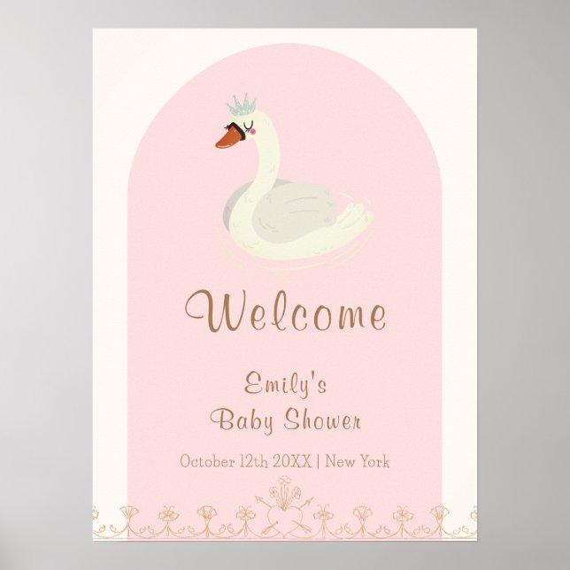 Rosa Boho-båge Prinsessa Svan Bebis Bjudning Välko Poster (Framsidan)