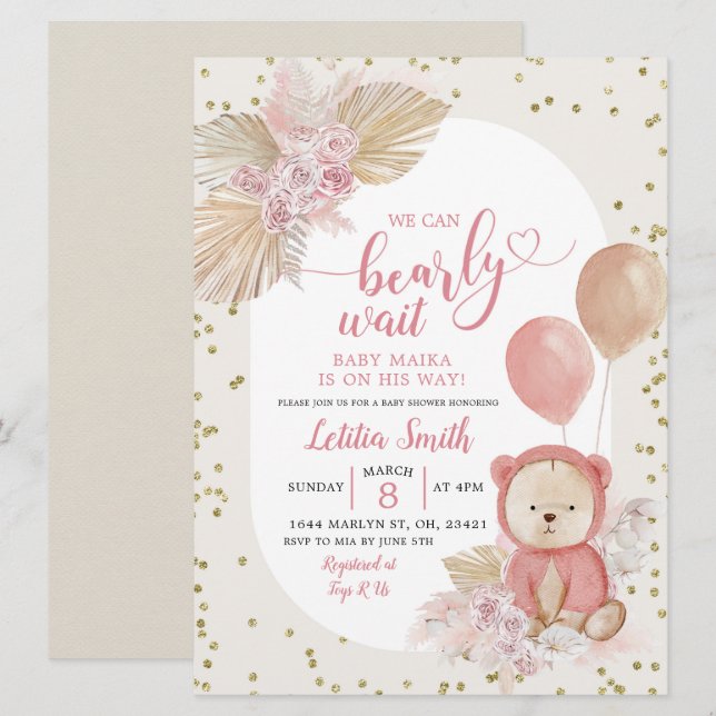 Rosa Boho Barly Wait Girl Baby Shower-inbjudan Inbjudningar (Fram/baksida)